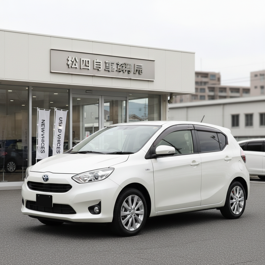 A single, late-model compact hybrid car in pearl white, parked at a precise angle on a spotless dealership lot, its surface meticulously polished to a mirror-like shine. The near side of the car faces the camera, showcasing alloy wheels, clean body lines, and an immaculate, well-maintained exterior. Behind it stands a simple, modern dealership facade with the logo 「松田自動車販売」 mounted above large glass doors, and discreet banners indicating new and used vehicle sales. Captured in bright but slightly diffused daylight under a lightly overcast sky, the scene has soft, even lighting and minimal harsh reflections. Photographic realism, composed using the rule of thirds with shallow depth of field that subtly blurs distant buildings, conveying a calm, reliable, and highly professional atmosphere suitable for a main visual.