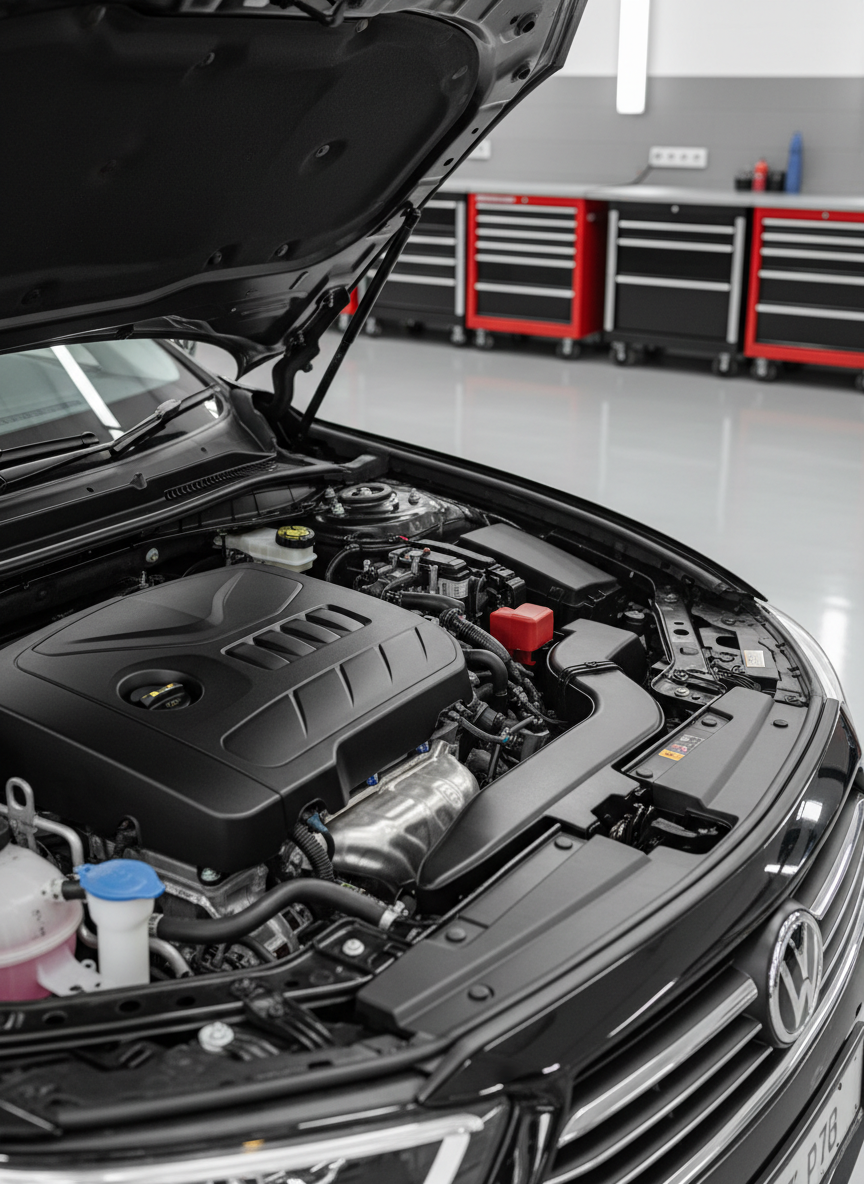 A detailed close-up of a freshly inspected vehicle engine bay, the black plastic covers and metallic components spotless and slightly glossy, with colored caps for oil, coolant, and washer fluid clearly visible and neatly aligned. The hood is raised, revealing the well-organized layout of hoses and cables, symbolizing careful maintenance. The car is positioned inside a bright, tidy service bay with a smooth, light-gray epoxy floor and neatly arranged tool cabinets in the softly blurred background. Photographic realism with controlled studio-style overhead lighting creates crisp highlights on metal parts and gentle shadows between components. Shot from a slightly elevated angle, focusing sharply on the engine bay while the surrounding workshop environment falls into subtle bokeh, evoking precision, technical reliability, and professional care for inspections and repairs.