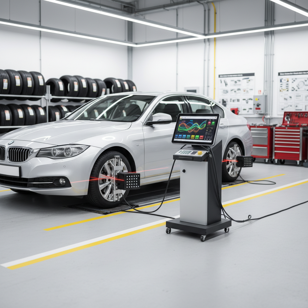 A robust, professionally equipped vehicle inspection lane inside a clean automotive workshop, featuring a low-profile hydraulic lift, digital wheel alignment sensors attached to a mid-size sedan, and a compact inspection console displaying colorful diagnostic graphs on its screen. The concrete floor is spotless with clearly painted safety lines in yellow and white. Background elements include neatly stored tires, organized tool chests, and wall-mounted charts for inspection standards, all softly out of focus. Photographic realism with bright, even LED ceiling lighting eliminates harsh shadows and highlights equipment details. Captured from a slightly low, three-quarter angle, the composition emphasizes the vehicle and inspection devices in the foreground, creating a sense of structured efficiency. The mood is highly professional, transparent, and reassuring, ideal for representing statutory inspections and maintenance services.
