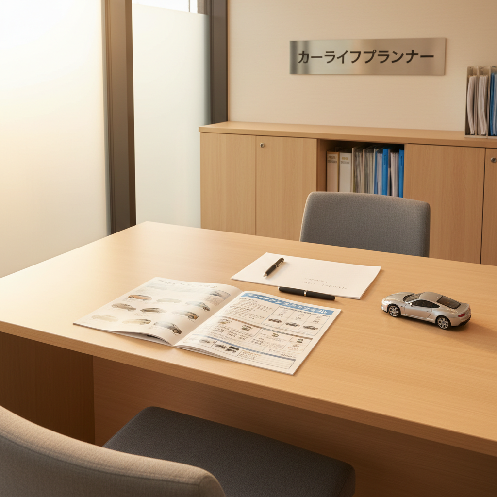 A neatly arranged consultation space within an auto dealership office, featuring a light-wood table with smooth, matte finish, two opposing upholstered chairs in neutral gray, and an open brochure displaying car models, financing plans, and maintenance schedules. A small, tasteful model car sits beside a pen and a clean notepad, symbolizing careful planning of a customer’s car life. Behind the table, a low cabinet holds neatly filed documents and a subtle sign referencing 「カーライフプランナー」 services. Photographic realism, shot at eye level with a moderate depth of field so the table items are razor sharp while the background softens gently. Warm, indirect daylight filters through a frosted window, complemented by soft ceiling lighting, creating a calm, trustworthy, and organized atmosphere that feels welcoming yet distinctly businesslike.