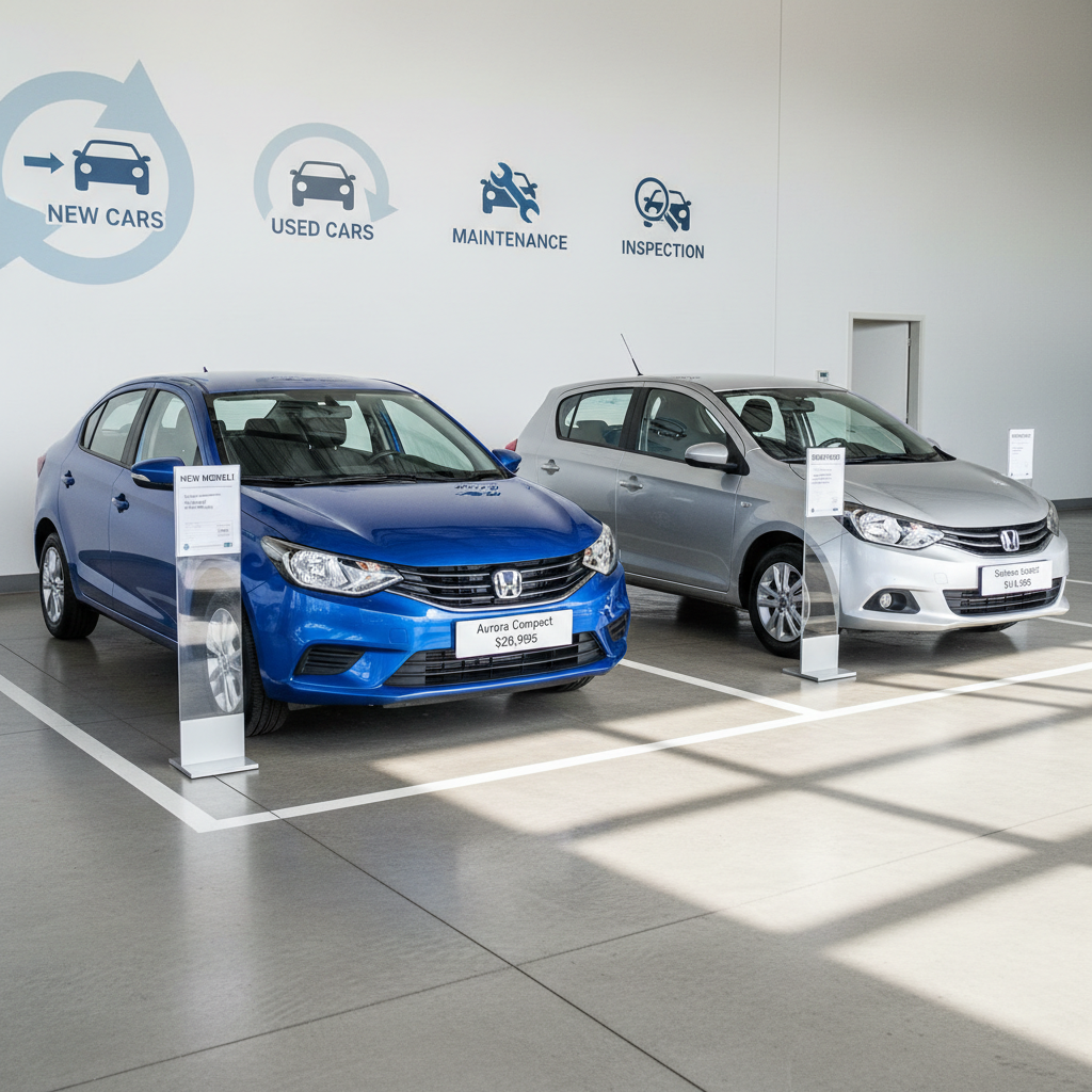A side-by-side comparison of a shiny new compact car and a carefully reconditioned used car, both parked on a clean, painted concrete floor inside a bright showroom-like space. The new car in a vivid blue metallic finish stands slightly forward, while the used car in subtle silver sits just behind, both with information placards on stands indicating model, mileage, and price. The background shows wall graphics with icons for new cars, used cars, maintenance, and inspection, in a restrained, professional color palette. Photographic realism with soft, even overhead lighting eliminates glare and creates gentle reflections on the bodywork. Shot from a slightly elevated angle with wide composition, everything in sharp focus. The mood is clear, honest, and informative, emphasizing customer choice and transparency in both new and used vehicle offerings.
