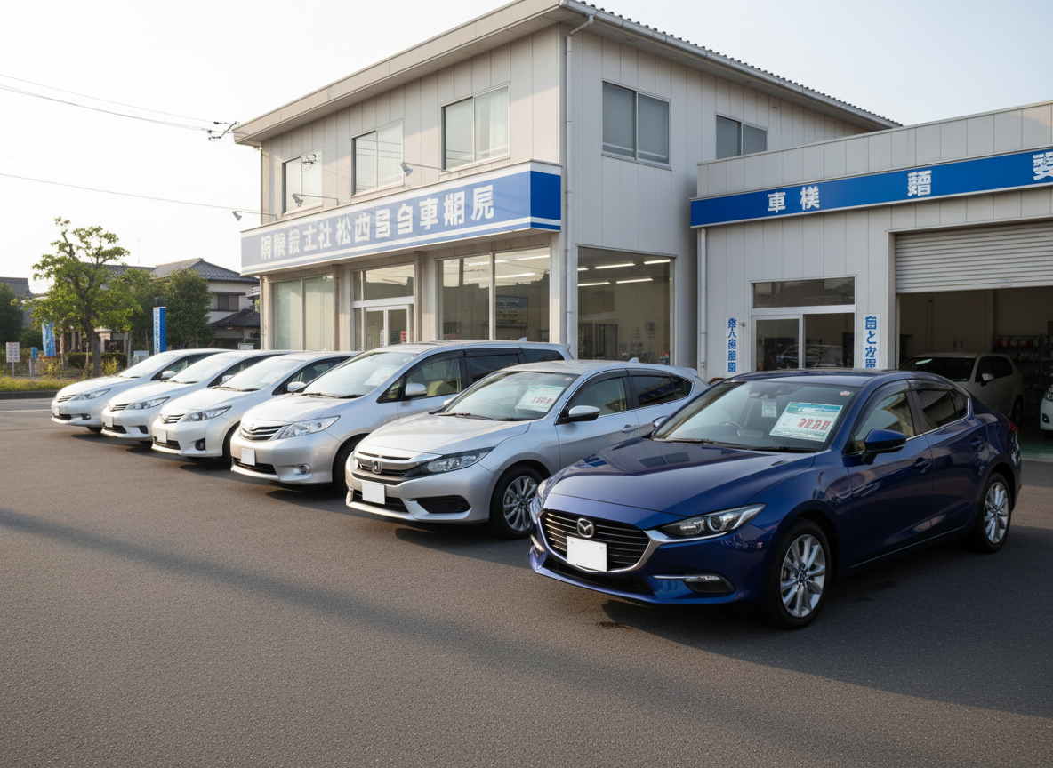 A gleaming lineup of late-model compact cars, sedans, and minivans in pristine condition, arranged diagonally across a clean asphalt forecourt in front of a modest, well-kept Japanese auto dealership building displaying the sign 「有限会社松田自動車販売」. The vehicles’ polished paint in whites, silvers, and deep blues reflects soft afternoon sunlight, with clear price tags visible inside windshields. The background shows a tidy service bay entrance and neatly organized signage for inspection and maintenance. Photographic realism, shot at eye level with slight wide-angle perspective, crisp focus from front bumper to building, and a gently blurred distant street. The mood is professional and trustworthy, with clear, natural lighting casting soft, accurate shadows and emphasizing a clean, modern yet approachable atmosphere.